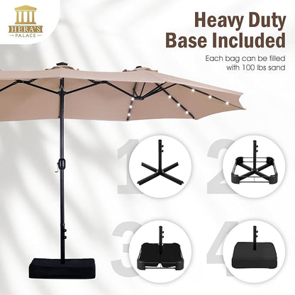 15ft Patio Umbrella with Solar lights & Base, Large Umbrellas, Beige | HERA'S PALACE Rectangle Double Market Umbrella with 36 LED Lights, Big Outdoor Umbrellas for Pool Picnic Inground Yard Deck