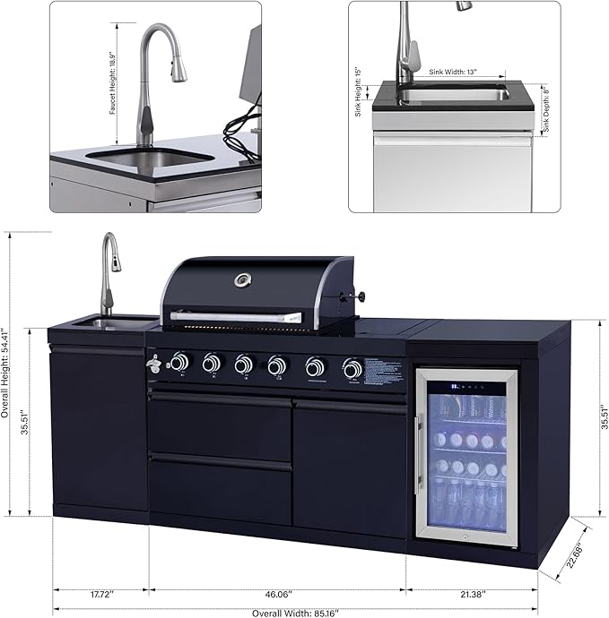 85" Outdoor Kitchen Island with Grill and Side Burner, 4-Burner 71,500 BTU Propane BBQ Island, Refrigerator, Sink & Rotisserie, for Backyard and Patio Cooking, Black