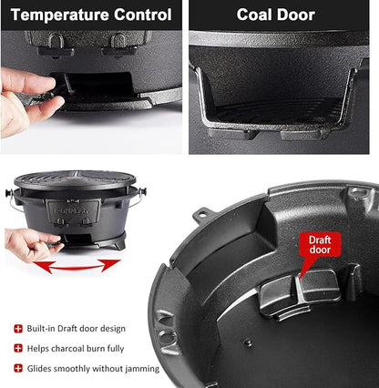 IronMaster Hibachi Grill, 100% Cast Iron, Tabletop Small Portable Charcoal Grill for Outdoor Camping - 2 Heights, Air Control, Coal Door, Ideal for 2 People