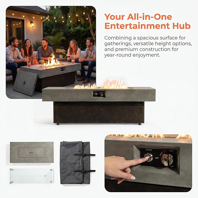 56 Inch Propane Fire Pit Table for Large Gatherings – 50,000 BTU 3-Level Adjustable Outdoor Gas Firepit, Spacious Tabletop for 5-6 People, Easy Ignition for Backyard Parties