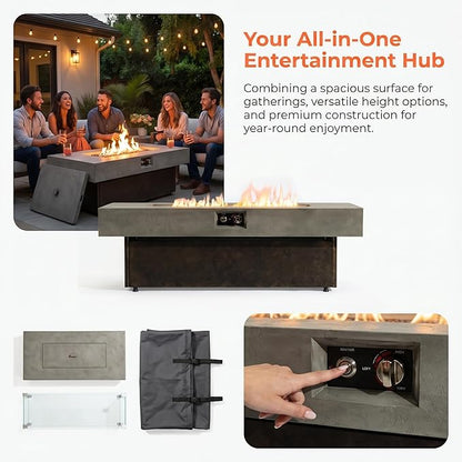 56 Inch Propane Fire Pit Table for Large Gatherings – 50,000 BTU 3-Level Adjustable Outdoor Gas Firepit, Spacious Tabletop for 5-6 People, Easy Ignition for Backyard Parties