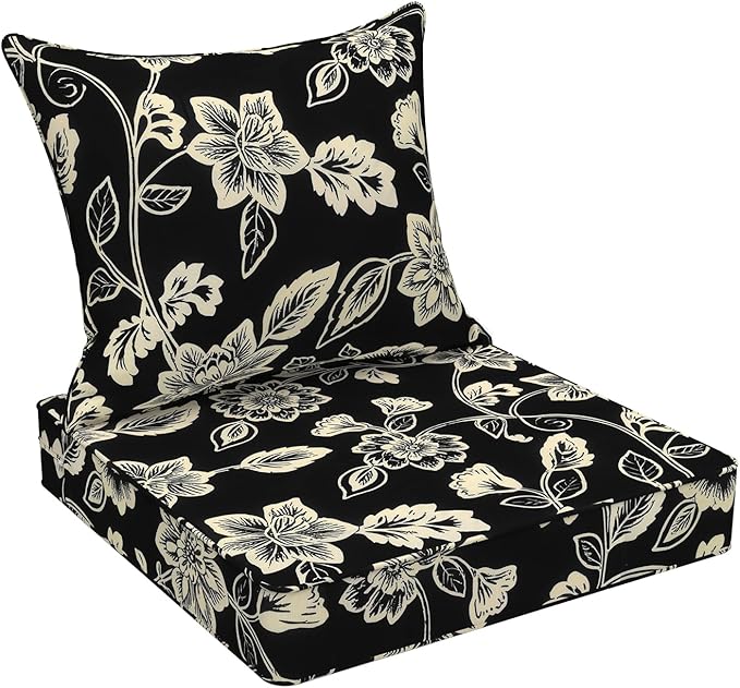 DYTXIII Outdoor Deep Seat Cushion Set, Water Repellent 22"x22" Patio Thick Cushions Replacement with Seat & Back Pillow for Patio Sofa, Wicker Chair, Couch - Vines Black