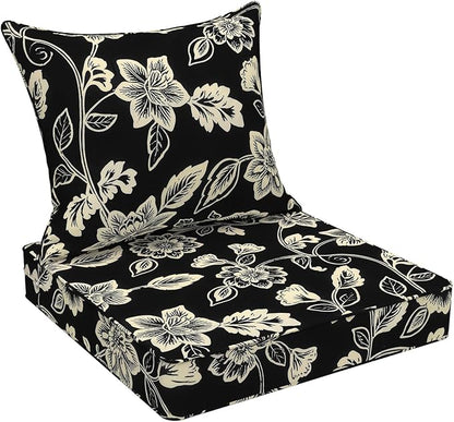 DYTXIII Outdoor Deep Seat Cushion Set, Water Repellent 22"x22" Patio Thick Cushions Replacement with Seat & Back Pillow for Patio Sofa, Wicker Chair, Couch - Vines Black