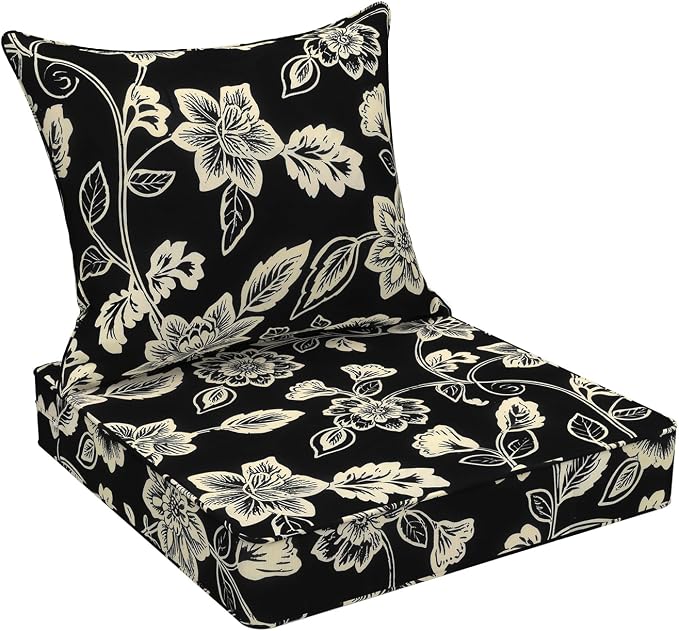 DYTXIII Outdoor Deep Seat Cushion Set, Water Repellent 24"x24" Patio Thick Cushions Replacement with Seat & Back Pillow for Patio Sofa, Wicker Chair, Couch - Vines Black