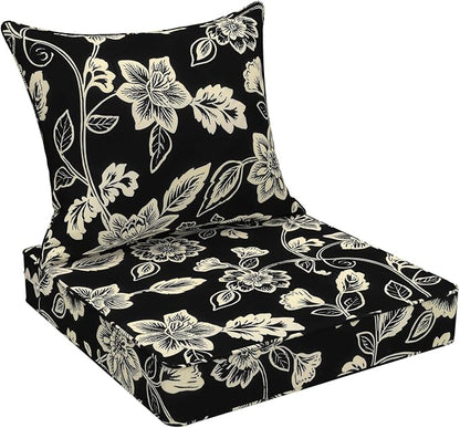 DYTXIII Outdoor Deep Seat Cushion Set, Water Repellent 24"x24" Patio Thick Cushions Replacement with Seat & Back Pillow for Patio Sofa, Wicker Chair, Couch - Vines Black