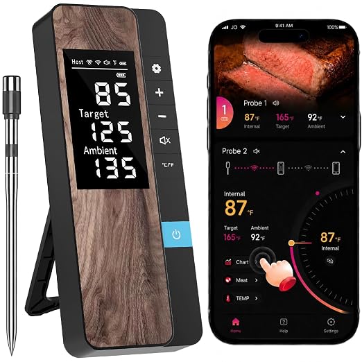Wireless Meat Thermometer Digital, 1 Probe Bluetooth Thermometer | Smart App & Standalone Display Base, NIST ±0.5°F, Instant Read LCD, BBQ Smoker Grill Oven, Brisket Steak Turkey Pork