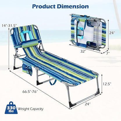 Goplus Tanning Chair, Folding Adjustable Patio Lounge Chair with Face Hole, Removable Pillow, 330LBS, Carry Strap, Outdoor Sunbathing Chair, Lightweight Portable Beach Lounge Chair, No Assembly