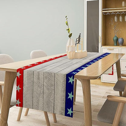 4th of July Memorial Day Table Runner, USA Flag Patriotic Wood Indoor Patriotic Independence Table Decor for Home Party 13x36 Inch