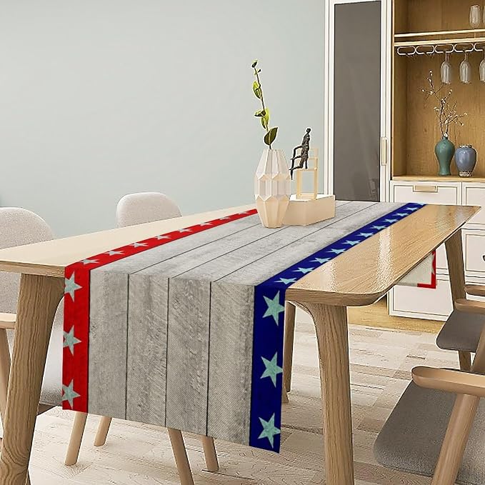 4th of July Memorial Day Table Runner, USA Flag Patriotic Wood Indoor Patriotic Independence Table Decor for Home Party 13x108 Inch