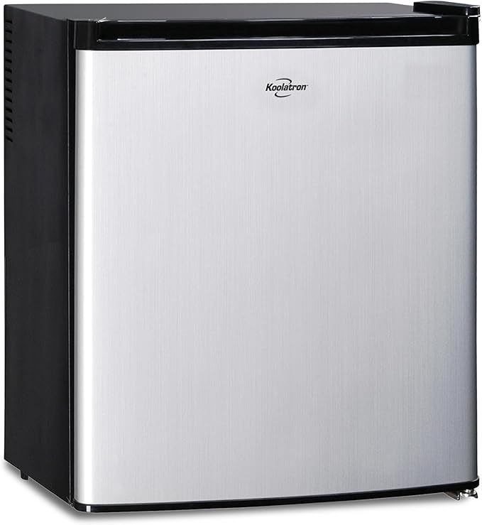 Koolatron Stainless Steel Compact Fridge with Freezer, 1.7 Cubic Feet (48 L) Capacity, Silver and Black, for Snacks, Frozen Meals, Beverages, Juice, Beer, Den, Dorm, Office, Games Room, or RV