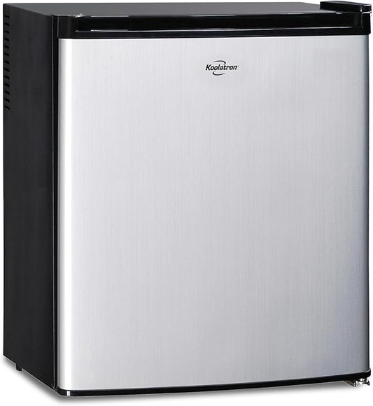 Koolatron Stainless Steel Compact Fridge with Freezer, 1.7 Cubic Feet (48 L) Capacity, Silver and Black, for Snacks, Frozen Meals, Beverages, Juice, Beer, Den, Dorm, Office, Games Room, or RV