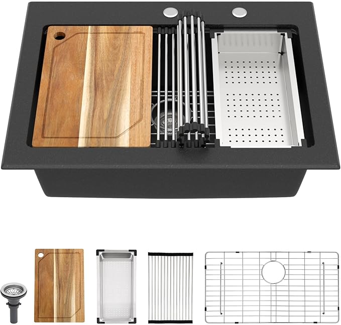 Granite Composite Kitchen Sink - 30 Inch Matte Black Granite Kitchen Sink Drop In Topmount Workstation Quartz Single Bowl Sinks All-In One, 30"x22" #TLGT-124