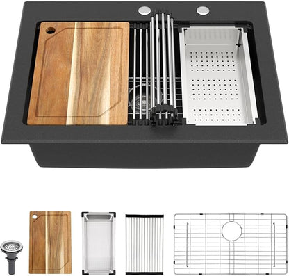 Granite Composite Kitchen Sink - 30 Inch Matte Black Granite Kitchen Sink Drop In Topmount Workstation Quartz Single Bowl Sinks All-In One, 30"x22" #TLGT-124