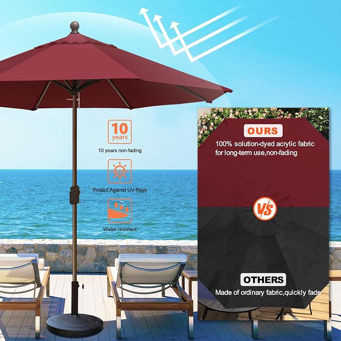 Eurmax USA 10-Year-Non-Fading 10FT Outdoor Patio Market Umbrella,UPF50+ UV Resistant Sun Shade,Heavy Duty Commercial Grade,Crank Lift Design,Windproof Vented Top for Garden,Pool,Deck,Burgundy