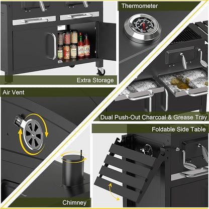 Bestfire Extra Large Charcoal BBQ Grill with Oversized Cooking Space, Dual Charcoal Trays, Enamel Grates & Chrome Warming Rack, Outdoor Barbecue Smoker with 4 Wheels & Side Tables