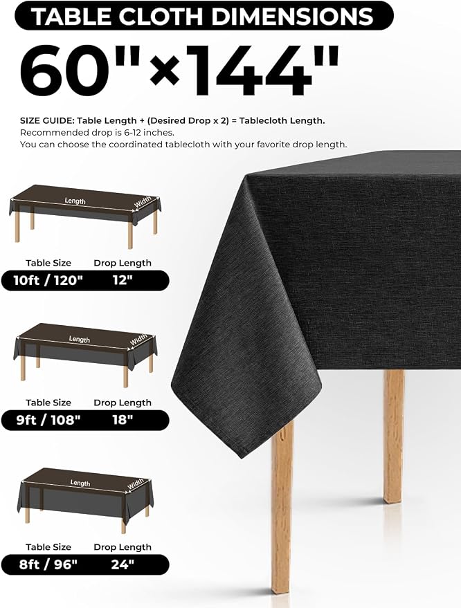 Decorelia Black Extra Large Cloth Table Cloths for Rectangle Tables,Waterproof Washable Dinning Table Cover Protector for Birthday, Party, Camping& Wedding(Oblong, 60 x 144 Inch (12-14 Seats), Black)