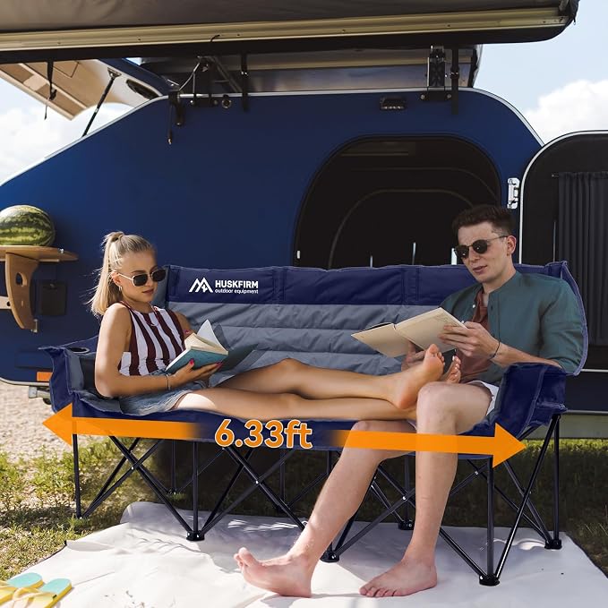 Huskfirm 3 Person Camping Chairs Folding Double Camp Chair for Adults Blue | Oversized Loveseat Camping Chair Padded Heavy Duty Camping Couch for Outdoor Lawn with Two Cup Holders and Carry Bag