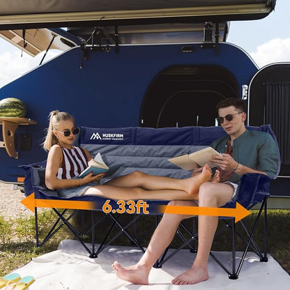 Huskfirm 3 Person Camping Chairs Folding Double Camp Chair for Adults Blue | Oversized Loveseat Camping Chair Padded Heavy Duty Camping Couch for Outdoor Lawn with Two Cup Holders and Carry Bag