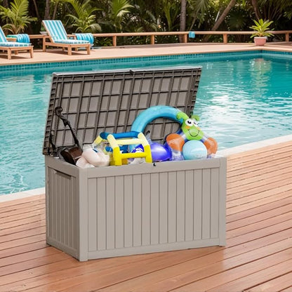 Waterproof Outdoor Resin Deck Box with Lockable Lid, Easy Assembly Features and Convenient Handles For Cushion, Pillows and other Patio Furniture (200 Gallon Grey)