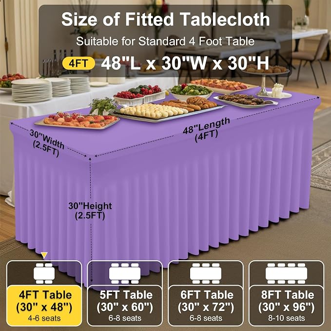 Smiry Spandex Elastic Fitted Table Cloth Skirt for 4FT Rectangle Table | Stretch Washable Table Cloth, Banquet Table Cover for Wedding, Party, Indoor & Trade Shows, (Lavender, 48Lx30Wx30H)