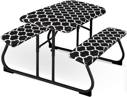 Moukeren 3 Pieces Picnic Table Cover for Kids with Bench Covers Fitted Tablecloth for Outdoors Vinyl Waterproof Cloth for Camping Home Goods Indoor Outdoor Patio BBQ(Black)