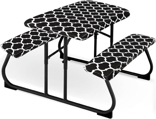 Moukeren 3 Pieces Picnic Table Cover for Kids with Bench Covers Fitted Tablecloth for Outdoors Vinyl Waterproof Cloth for Camping Home Goods Indoor Outdoor Patio BBQ(Black)