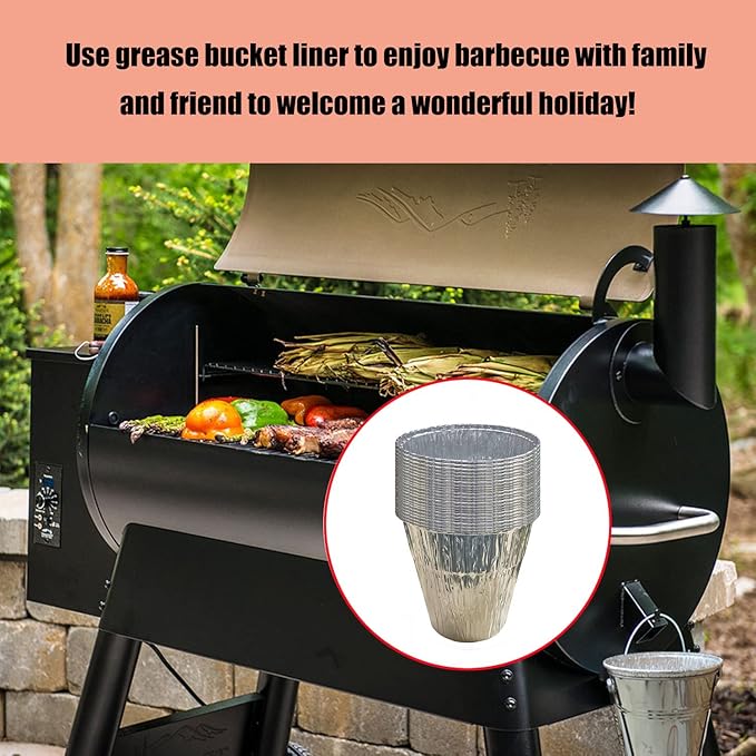 25 Pack Grease Bucket Liner for Pit Boss Grills 67292 Foil, Smoker Drip Pan for Traeger Woodridge Pro Pellet Grills and Flatrock Timberline XL Ironwood Grease Bucket Liner Large BAC608 6.2”x 6.0”