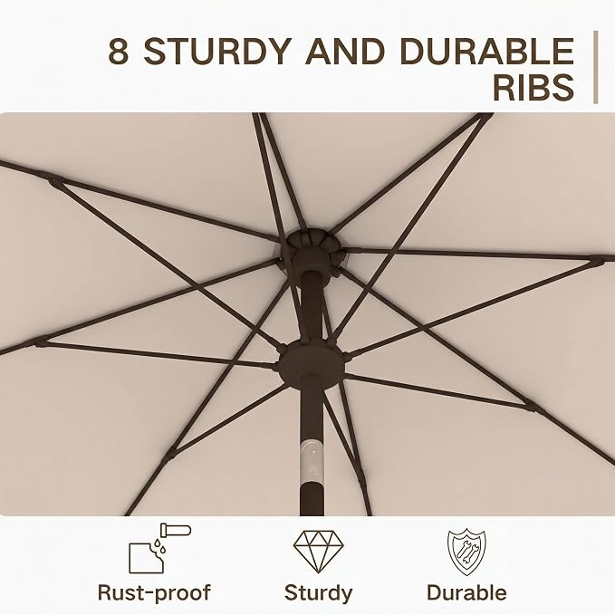 Kingdura 9FT Outdoor Patio Umbrella, Round Market Table Umbrella with Push‑Button Tilt and Crank Lift, 8 Sturdy Metal Ribs, UV50+ Protection Canopy for Backyard, Lawn, Deck, Poolside, Garden (Beige)