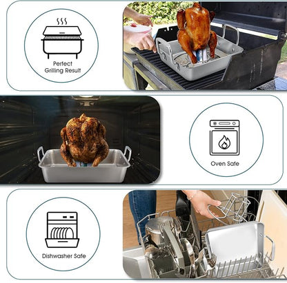 TeamFar Roasting Pan with Beer Can Chicken Holder, Drip Pan for Oven-4PCS | Stainless Steel Square Baking Pan with Vertical Stand, for Grill Oven Smoker BBQ Roasting, Dishwasher Safe(2 Pans + 2 Racks)