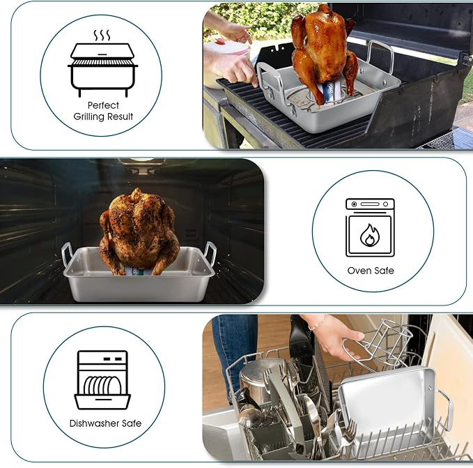 TeamFar Roasting Pan with Beer Can Chicken Holder, Drip Pan for Oven-2PCS | Stainless Steel Square Baking Pan with Vertical Stand, for Grill Oven Smoker BBQ Roasting, Dishwasher Safe(1 Pan + 1 Rack)