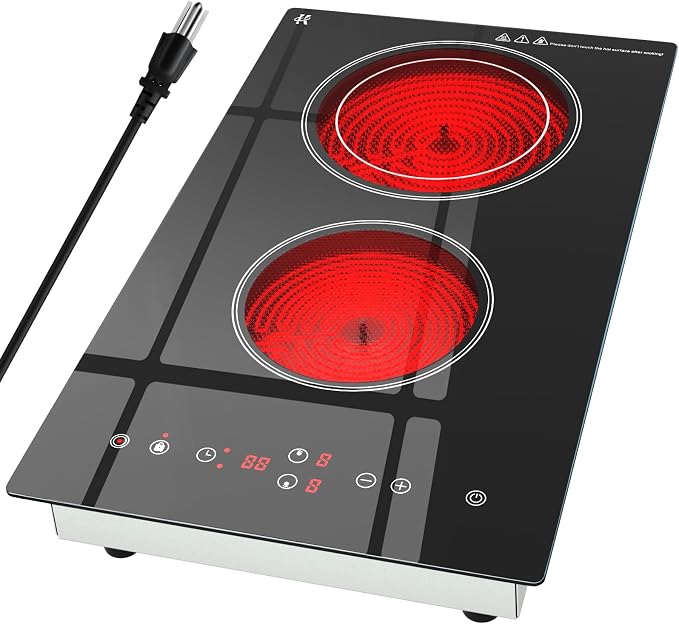 2 Burner Electric Cooktop 110V, 1800W Electric Stove Top 12 Inch, Plug in | Radiant Ceramic, Two Burner Electric Cooktop, Countertop & Built-in Stove, Touch Control, 9 Level Power, Timer, Safety Lock