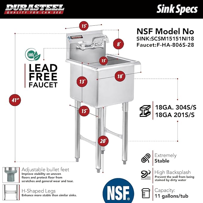 DuraSteel 304 Commercial Stainless Steel Utility Sink - 15 Inch Tub Freestanding Prep Kitchen Sink w/ Faucet - NSF Hand Wash Station for Kitchen Sinks, Outdoor, Laundry Room, Garage Small Kitchenette