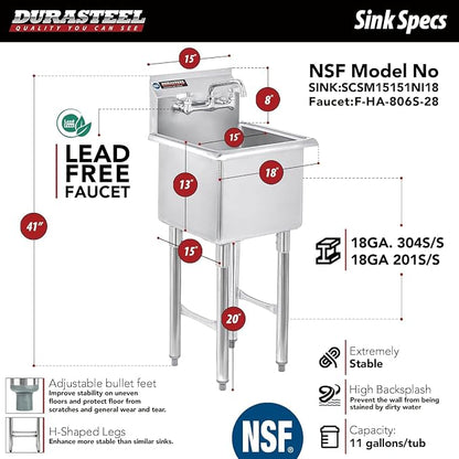 DuraSteel 304 Commercial Stainless Steel Utility Sink - 15 Inch Tub Freestanding Prep Kitchen Sink w/ Faucet - NSF Hand Wash Station for Kitchen Sinks, Outdoor, Laundry Room, Garage Small Kitchenette