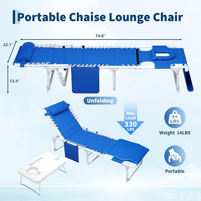 Garvee Tanning Chair with Face Hole, 3-in-1 Outside Beach Lounge Chair with Folding Table, 5 Reclining Positions and Removable Pillow, for Beach, Pool, Patio, Garden -Max 330lbs (Blue) | with Folding Table, 5 Reclining Positions and Removable Pillow, f...