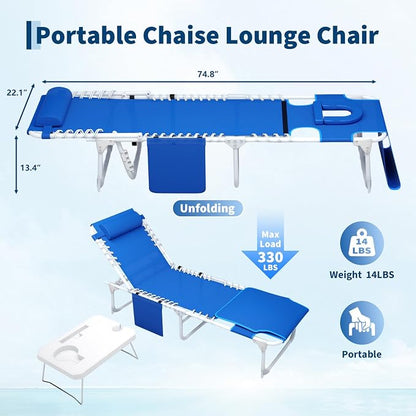 Garvee Tanning Chair with Face Hole, 3-in-1 Outside Beach Lounge Chair with Folding Table, 5 Reclining Positions and Removable Pillow, for Beach, Pool, Patio, Garden -Max 330lbs (Blue) | with Folding Table, 5 Reclining Positions and Removable Pillow, f...