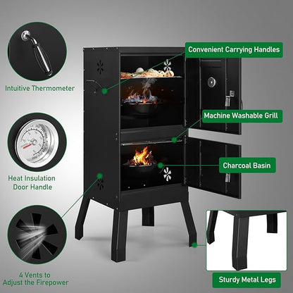 40" Vertical Steel Barrel Charcoal Grill,Metal Outdoor Barbecue Smoker,Portable Vertical Charcoal Smoker Grill,Heavy Duty Outdoor BBQ Grill,with Thermometer,for Garden Patio Beach Backyard (Black)