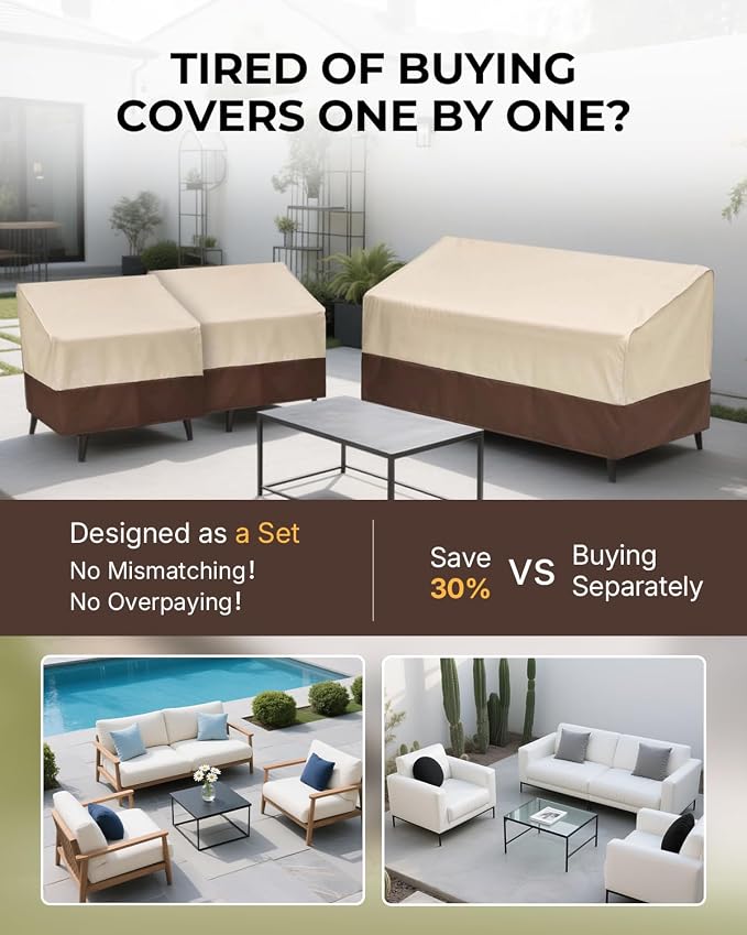 loriano 3-Piece Patio Furniture Covers Set, Waterproof Outdoor Chair & Loveseat Covers, Heavy Duty 600D Oxford Fabric with UV Protection, Windproof Design for All-Weather Protection