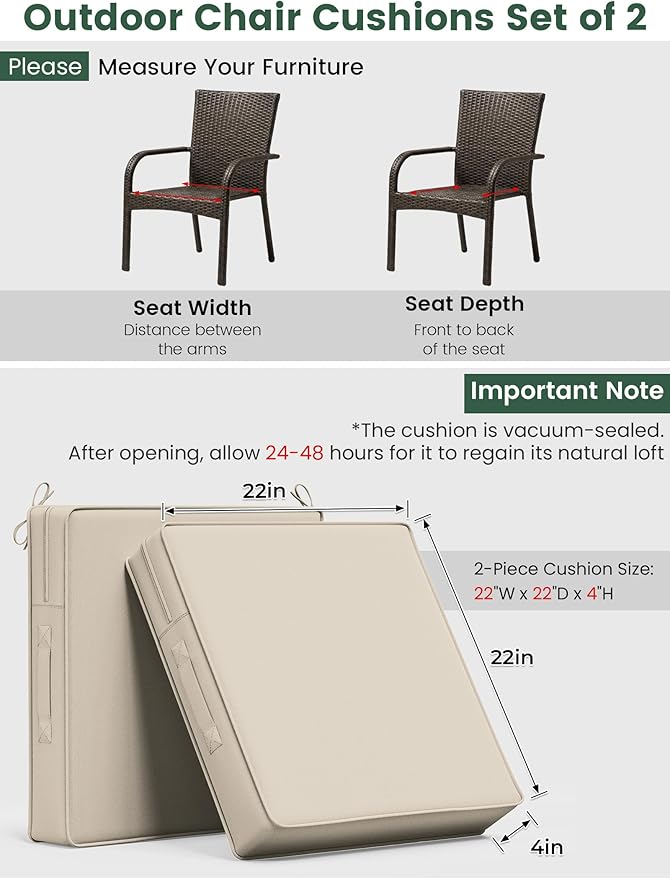 Outdoor Chair Cushion 22 x 22 x 4 Inches Patio Furniture Outdoor Waterproof Seat Cushion, Patio Chair Cushion with Handles and Ties, Square Dining Chair Cushion Set of 4, Cream