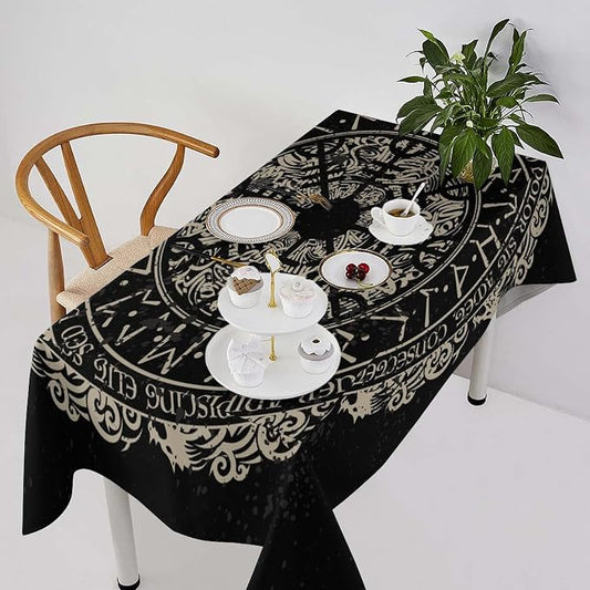 Vintage Viking Pattern Tablecloth, Viking Ancient Runic Helmet of Awe Celtic Dragon Table Cloth Water Resistant Wipeable Table Cover for Farmhouse Party Holiday Kitchen Dinner Table 60x90"