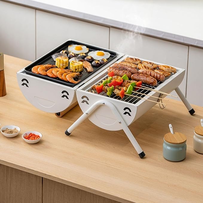 BBQ Barbecue Grill, Portable BBQ Charcoal Barbecue Grill, Barbecue Grill for Outdoor Camping Garden Picnic Trip Beach, with Handle,White