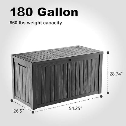 ROJIK 180 Gallon Waterproof Outdoor Deck Storage Box, Lockable Resin Patio Storage Bin with Lid for Garden Tools, Patio Cushions & Outdoor Accessories(Black)