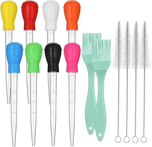 Boao 14 Pcs Heat-resistant Turkey Baster Cooking Set Includes 8 Pcs 11 Inch Large Syringe Turkey Baster, 2 Basting Brush, 4 Cleaning Brush, Meat, Food Injector for Poultry, Beef,Chicken(Classic Color)