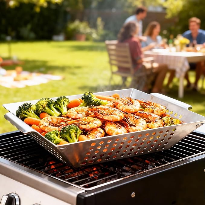 Anveena Grill Baskets 3 Pack Stainless Steel Grilling Basket for Indoor and Outdoor Use, Heavy Duty Vegetables Grill Basket for Veggies and Kabob, Suitable for All Grills, Dishwasher Safe
