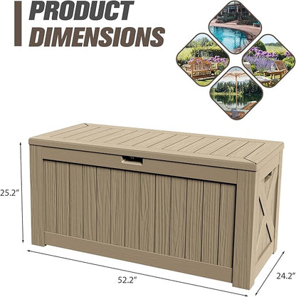 JUMMICO 120 Gallon Resin Deck Box, Large Outdoor Storage Box Waterproof & Lockable for Garden, Patio, Pools (Light Brown)