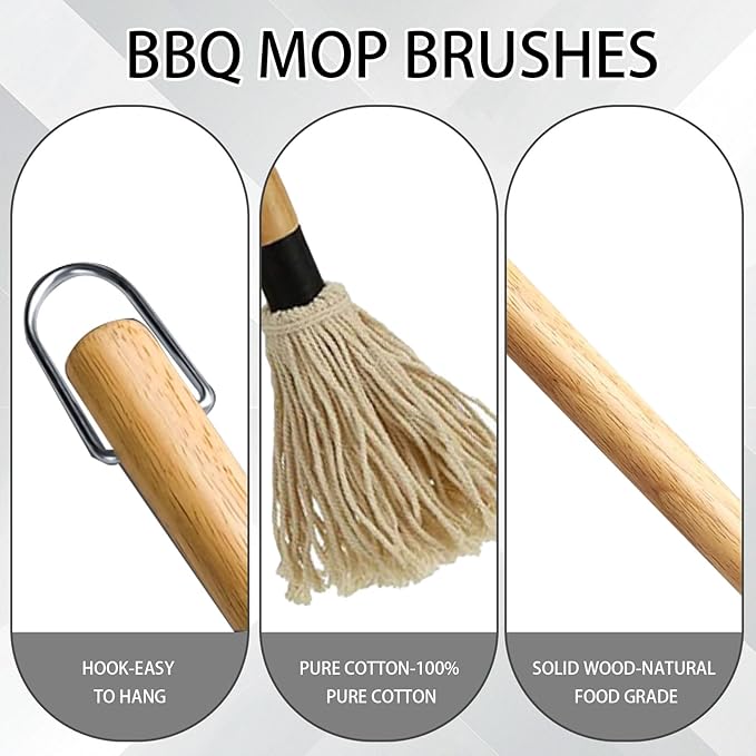 BBQ Mop Brushes for Sauce, Grill Basting Mop Wooden Long Handle BBQ Mop with 4 Extra Replacement Heads Perfect for BBQ Grilling Smoking Steak Marinade or Glazing (18 Inch)