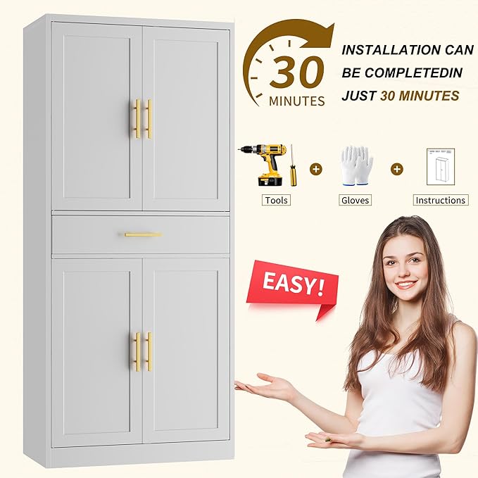 CJF 71" Metal Kitchen Pantry Cabinet with Drawer, Tall Storage Cabinet with 2 Adjustable Shelves and 4 Doors, Heavy Duty Freestanding Floor Cupboard for Home, Kitchen, Dining, Living, White