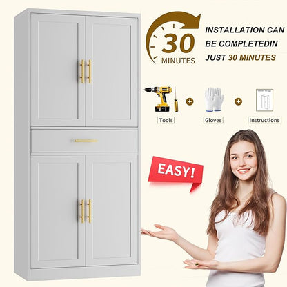 CJF 71" Metal Kitchen Pantry Cabinet with Drawer, Tall Storage Cabinet with 2 Adjustable Shelves and 4 Doors, Heavy Duty Freestanding Floor Cupboard for Home, Kitchen, Dining, Living, White