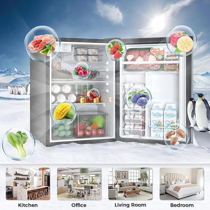Antarctic Star Mini Compact Refrigerator with Freezer, 2.6 Cu.Ft. Single Door Adjustable Removable Shelves for Apartment/Dorm/Office,Silver