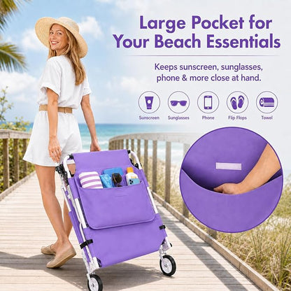 Wheel-To-Go Tanning Chair with Wheels Sun Canopy Umbrella Face Hole Thicker Washable Adjustable, Heavy Duty Folding Lay Flat Sun Lounge Chair Beach Outside Sunbathing Reading, UPF 50+ (Patent Design)