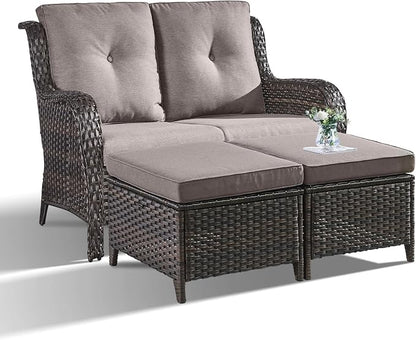 Outdoor Loveseat Sofa - 3 Piece Patio Furniture with Ottoman Deep Seating Patio Couch for Porch Deck Garden Backyard - Brown/Grey
